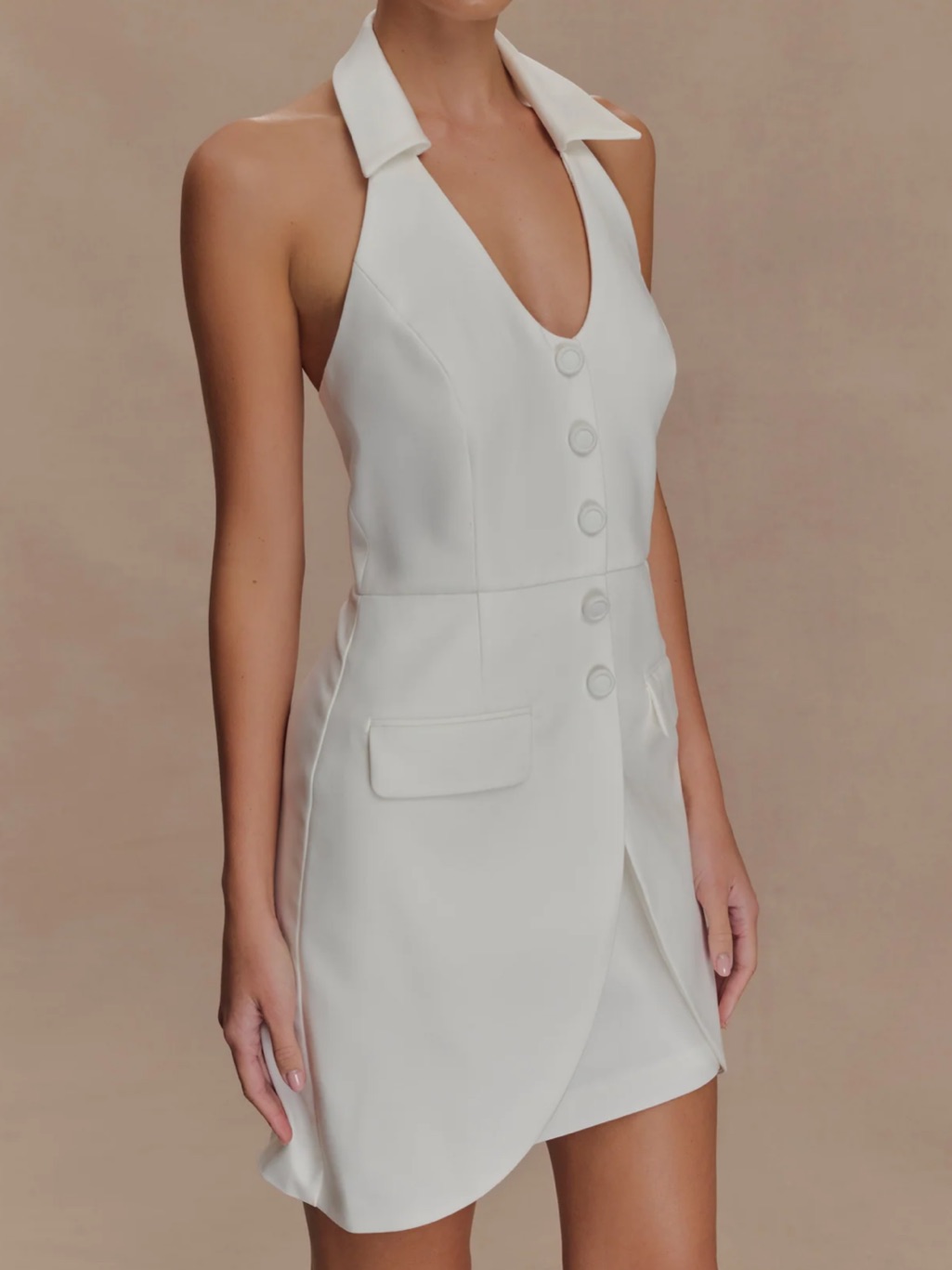 Meshki White Halter Button-Front Mini Dress